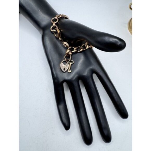 Fossil Link Bracelet Rose Gold Tone, Rhinestone Heart Lock Charm Whit Key- Cute - Picture 4 of 13